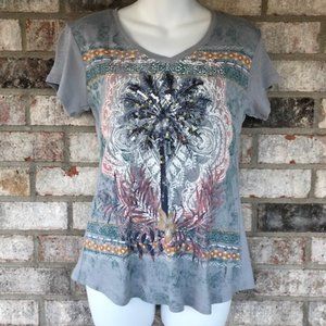 STYLE & CO GRAY SEQUINED TOP S/S  HIGH LOW HEM